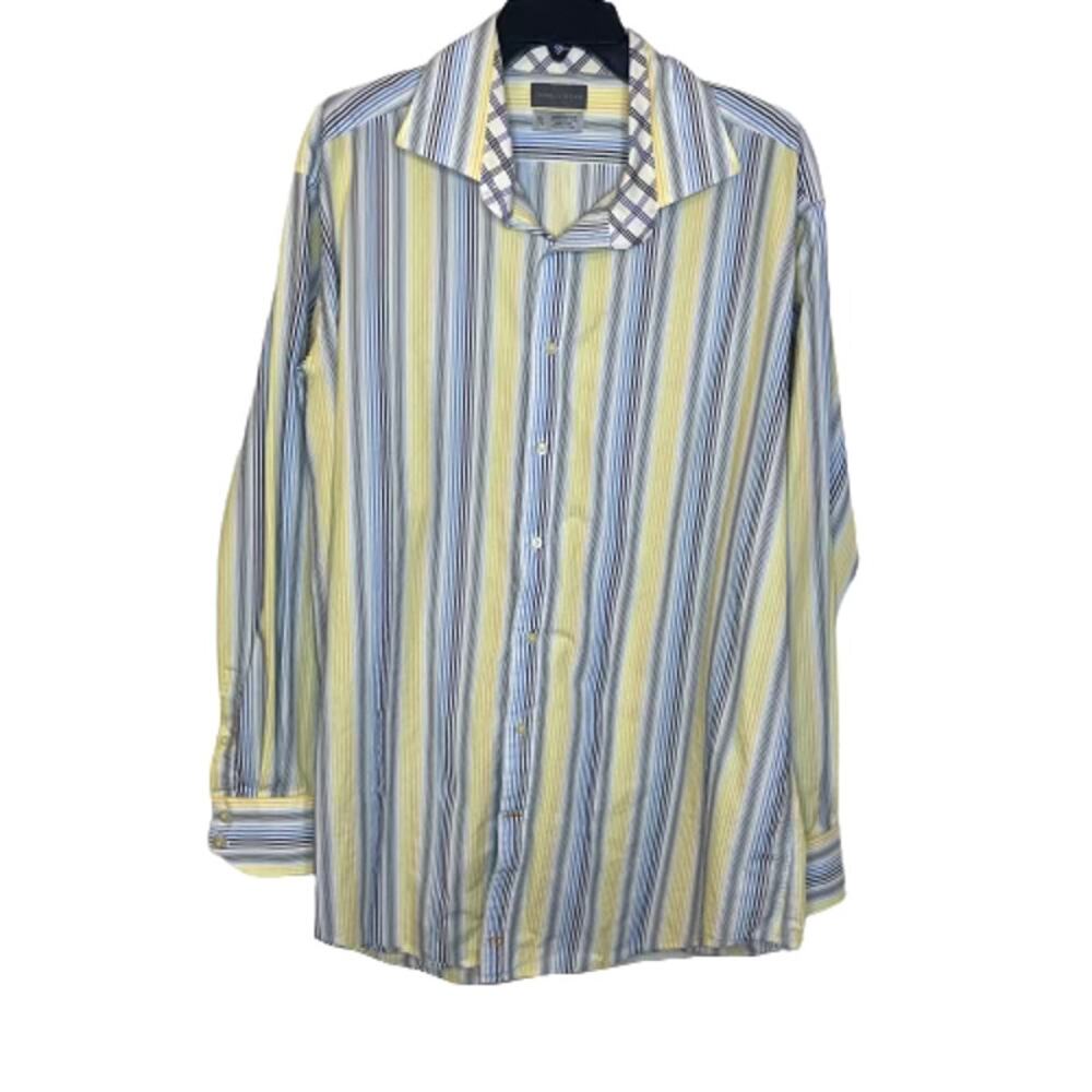 Thomas Dean Button Down Blue & Yellow Striped Shirt, XXL